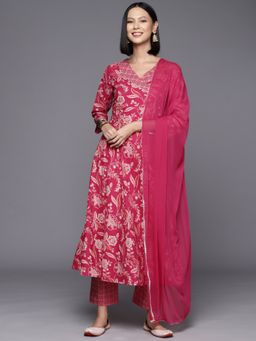 Varanga - Women Workwear Pink Floral Anarkali Kurta With Pant And Dupatta (Set Of 3)