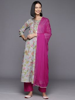 Varanga - Women Blue Floral Anarkali Kurta with Pant and Dupatta (Set of 3)