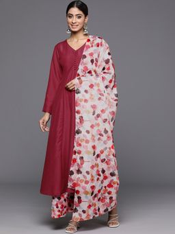 Varanga - Women Maroon Solid Anarkali Kurta with Palazzo and Dupatta (Set of 3)