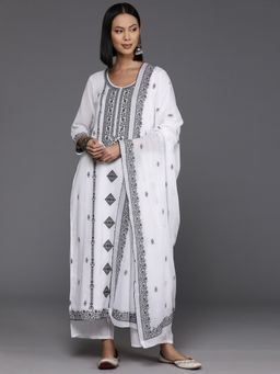 Varanga - Women White Woven Kurta with Pant and Dupatta (Set of 3)