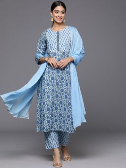 Varanga - Women Blue Floral Kurta with Pant and Dupatta (Set of 3)