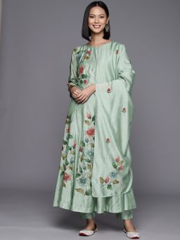 Varanga - Women Pakistani Green Floral Anarkali Kurta With Pant And Dupatta (Set Of 3)