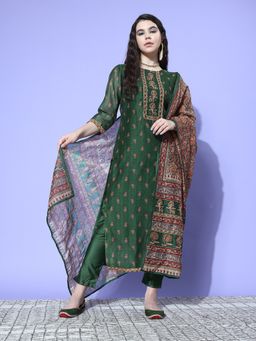 Varanga - Women Green Floral Kurta with Pant and Dupatta (Set of 3)