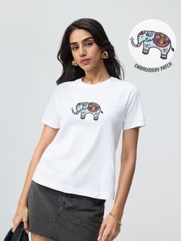 The Souled Store - White Embroidered Regular Fit T-Shirt