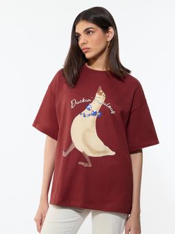 The Souled Store - Maroon Printed Oversized Fit T-Shirt