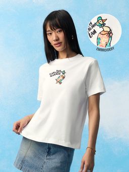 The Souled Store - White Embroidered Relaxed Fit T-Shirt