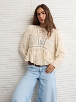 American Eagle - Cream Embroidered Regular Fit Top