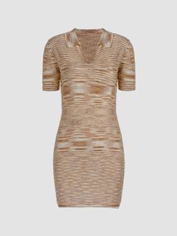 Cider - Knit Collar Women's Abstract Bodycon Knee Length Dress Brown