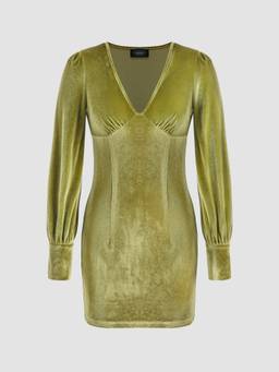 Cider - Vintage Velvet Women's V-Neck Full Sleeve Mini Bodycon Dress Green