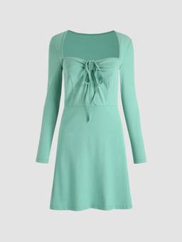 Cider - Solid Women's Wide Neck Full Sleeve Mini A-Line Dress Green