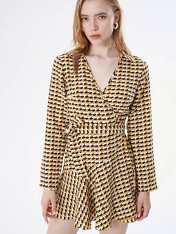 Cider - Allover Print Women’S Geometric V-Neck Mini Dress Yellow