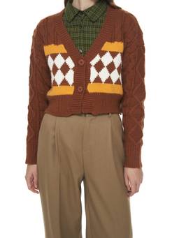 Cider - Argyle Texture Women's Button-Up V-Neck Cardigan Brown