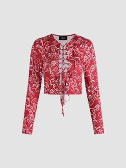 Cider - Women'S Mushroom Print Lace-Up Crop Top Red