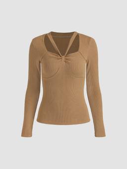 Cider - Twist Front Women Ribbed Knit Pullover Sweater Camel