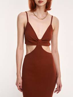 Cider - Knit Solid Women's Cut-Out Cami Midi Dress Brown