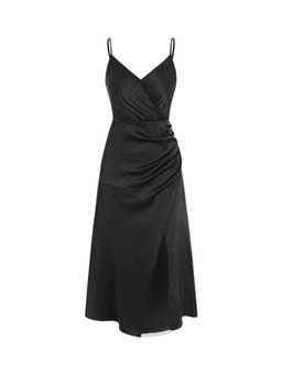 Cider - Solid Women's Sleeveless Wrap Slit Midi Dress Black