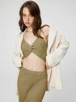Cider - Rib Women's Slim Fit Twist Front Crop Top Matcha Green