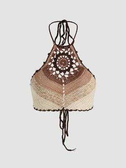Cider - Boho Knit Women's Hollow Out Halter Neck Crop Top Multi-Color