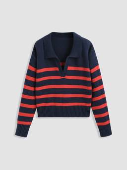 Cider - Striped Collar Women's Oversized Knit Polo Top Navy Blue