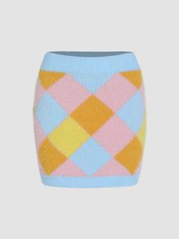 Cider - Gingham Knitted Women's Regular Fit Mini Skirt Multi-Color