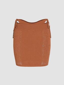 Cider - Hollow Out Women's Knotted Ribbed Knit Mini Skirt Brown