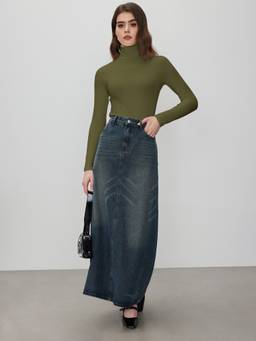 Cider - Solid Women's Slim Fit High Neck Long Sleeve Top Olive