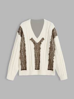 Cider - Solid Women's Lace Trim V-Neck Oversized Knitted Top Beige