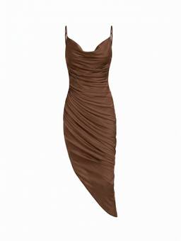 Cider - Mesh Women's Ruched Cowl Neck Maxi Dress Brown