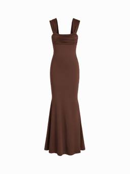 Cider - Solid Ruched Women’s U-Neck Ruffle Maxi Dress Brown