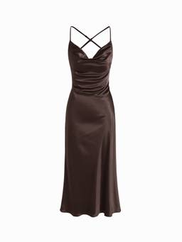 Cider - Satin Women's Sleeveless Cowl Neck Mermaid Midi Dress Brown