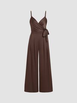 Cider - Satin Knotted Women's Pleated Wide-Leg Jumpsuit Coffee