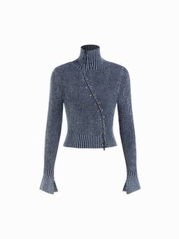 Cider - Rivet Zip Women's Stand Collar Ribbed Knit Cardigan Indigo