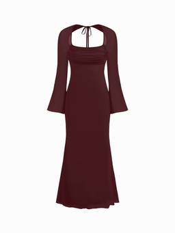 Cider - Mesh Square Neck Drawstring Maxi Dress Brown