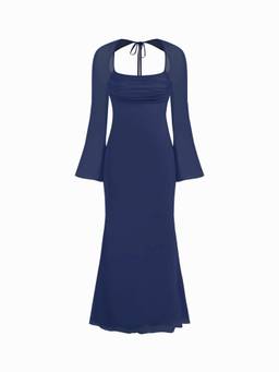 Cider - Mesh Square Neck Women's Drawstring Maxi Dress Navy Blue
