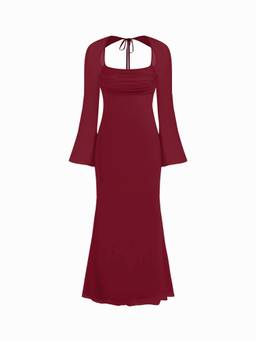 Cider - Mesh Square Neck Women's Drawstring Maxi Dress Wine