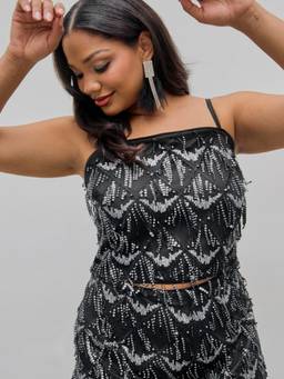 Cider - Sequins Tassel Women’s Sleeveless Cami Crop Top Black