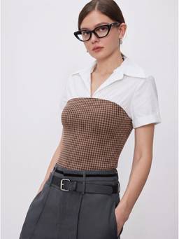 Cider - Two-Tone Women's Collar Neck Short Sleeve Shirt Brown