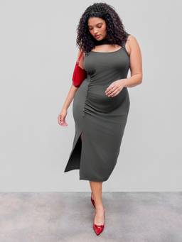 Cider - Solid Women's Ruched Split Midi Dress Dark Grey