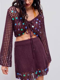 Cider - Sequin Knotted Women’s V-Neck Knitted Crop Top Burgundy