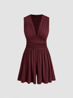 Cider - Solid Ruched Women's V-Neck Pocket Romper Burgundy