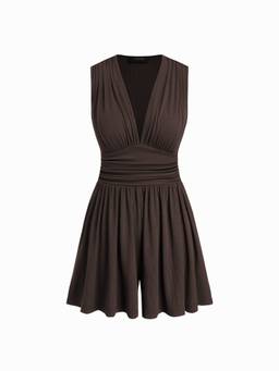 Cider - Solid Women's Ruched V-Neck Pocket Playsuit Coffee