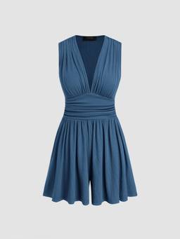 Cider - Solid Women's Ruched V-Neck Pocket Playsuit Mid Blue