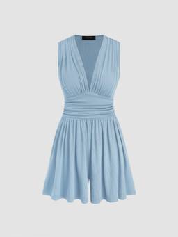 Cider - Solid Ruched Women's V-Neck Pocket Playsuit Sky Blue