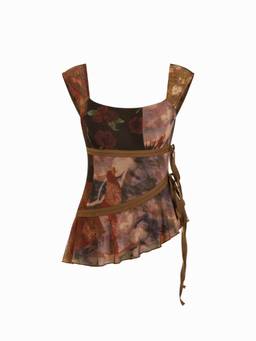 Cider - Mesh Women's Floral Tie-Up Asymmetrical Tank Top Brown
