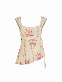 Cider - Mesh Women's Floral Print Asymmetrical Ruffle Tank Top Cream