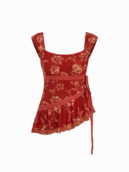 Cider - Mesh Women's Floral Print Asymmetrical Ruffle Tank Top Wine
