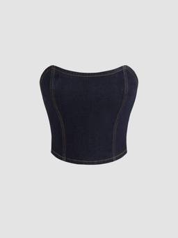 Cider - Denim Women's Solid Slim Fit Tube Crop Top Indigo