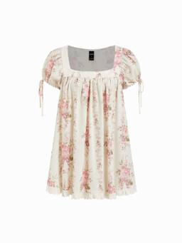 Cider - Square Neck Women's Ruffled Knotted Short Sleeve Blouse Beige