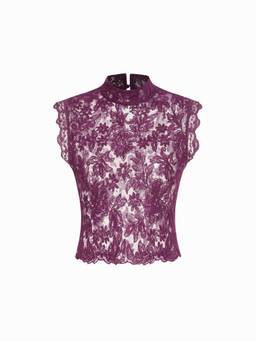 Cider - Lace Floral Women’s Mandarin Neck Sleeveless Crop Top Berry