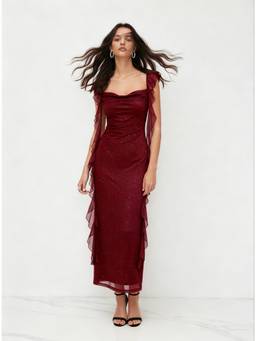 Cider - Solid Glitter Women’s Cowl Neck Ruffle Maxi Dress Burgundy